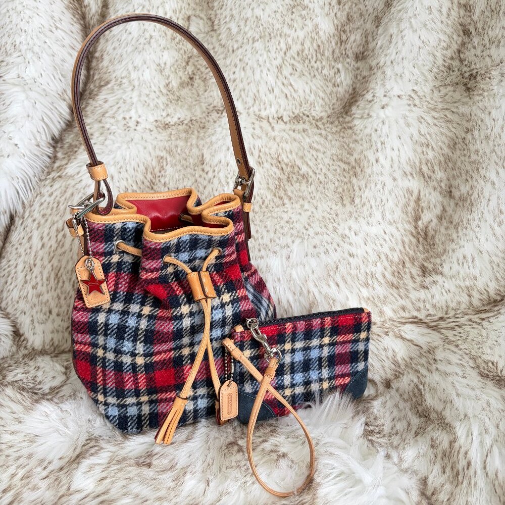 Vintage Coach Holiday Plaid Drawstring Bucket & Wristlet Set - 100% Wool in EUC
